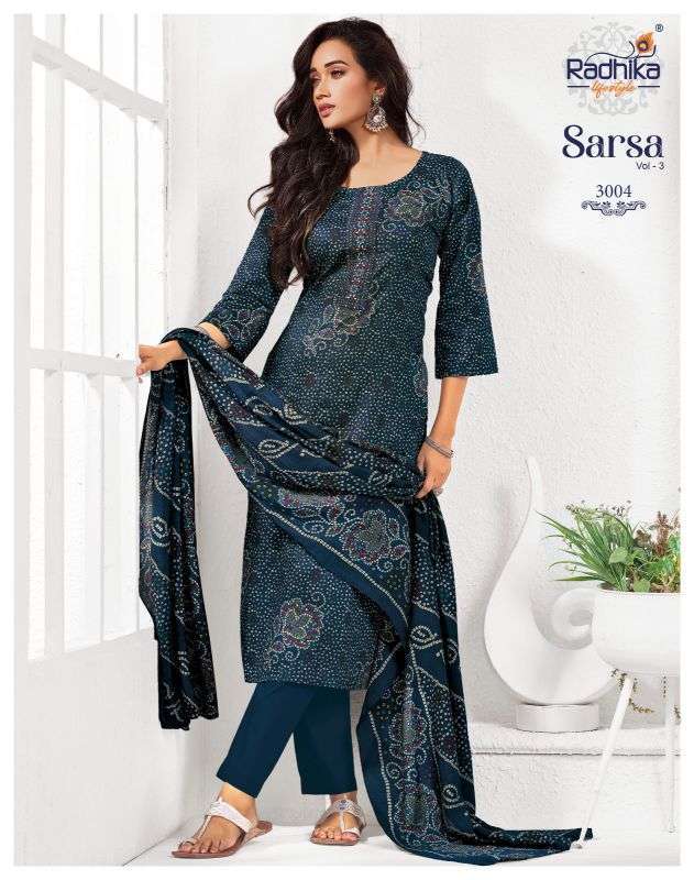 SARSA VOL-3 SERIES 3001 TO 3008 BY RADHIKA LIFESTYLE DESIGNER DISCHARGE FOIL PRINT JAM SATIN TOP WITH BOTTOM AND DUPATTA ARE AVAILABLE AT WHOLESALE PRICE