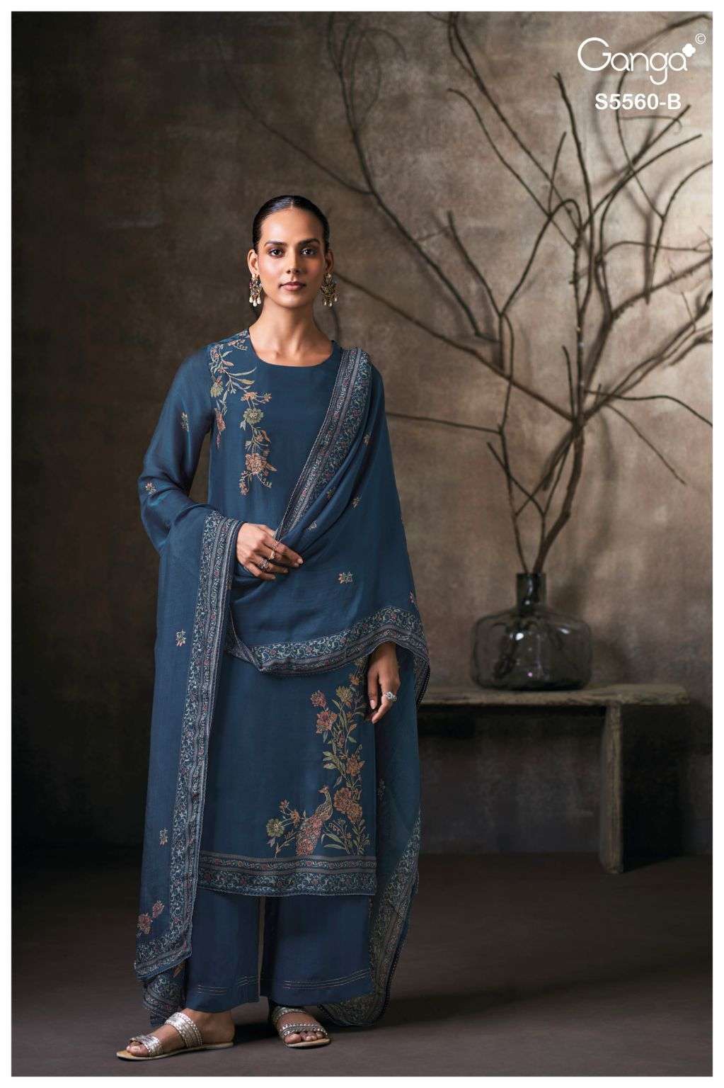 SELYSIA SERIES 5560 BY GANGA DESIGNER HAND EMBROIDERY WORK BEMBERG SILK SUITS ARE AVAILABLE AT WHOLESALE PRICE