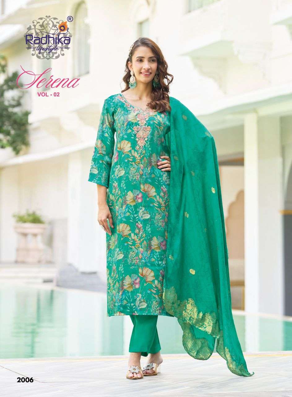 SERENA VOL-2 SERIES 2001 TO 2006 B Y RADHIKA LIFESTYLE DESIGNER FOIL PRINT AND EMBROIDERY WORK ROMAN GLASS KURTI WITH BOTTOM AND DUPATTA ARE AVAILABLE AT WHOLESALE PRICE