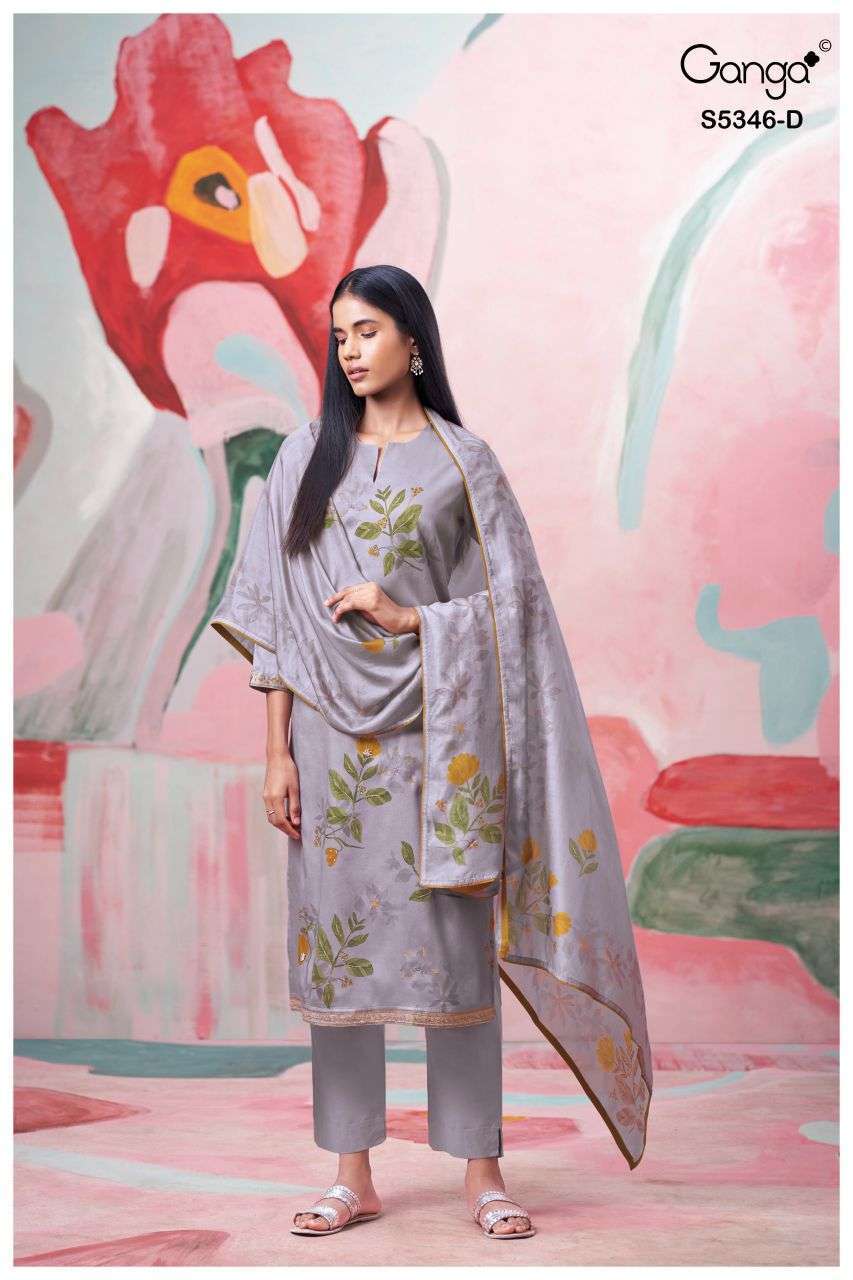 SERINDA SERIES 5346 BY GANGA DESIGNER PRINTED WITH HAND EMBROIDERY AND EMBROIDERY WORK WOOL PASHMINA SUITS ARE AVAILABLE AT WHOLESALE PRICE