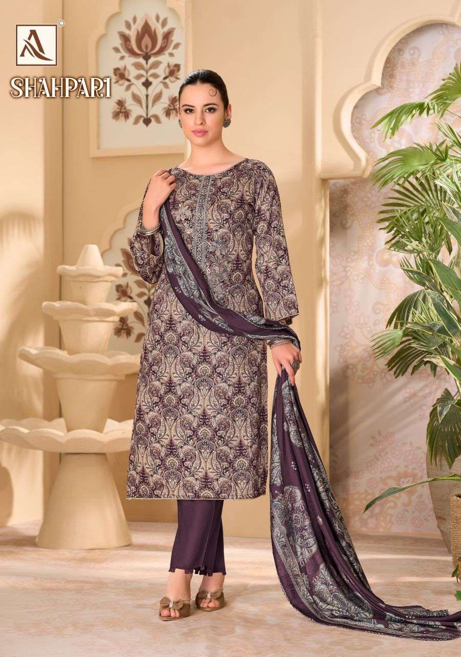 SHAHPARI SERIES 3106 BY ALOK SUITS DESIGNER DISCHARGE PRINT AND EMBROIDERY WORK ZAM SUITS ARE AVAILABLE AT WHOLESALE PRICE