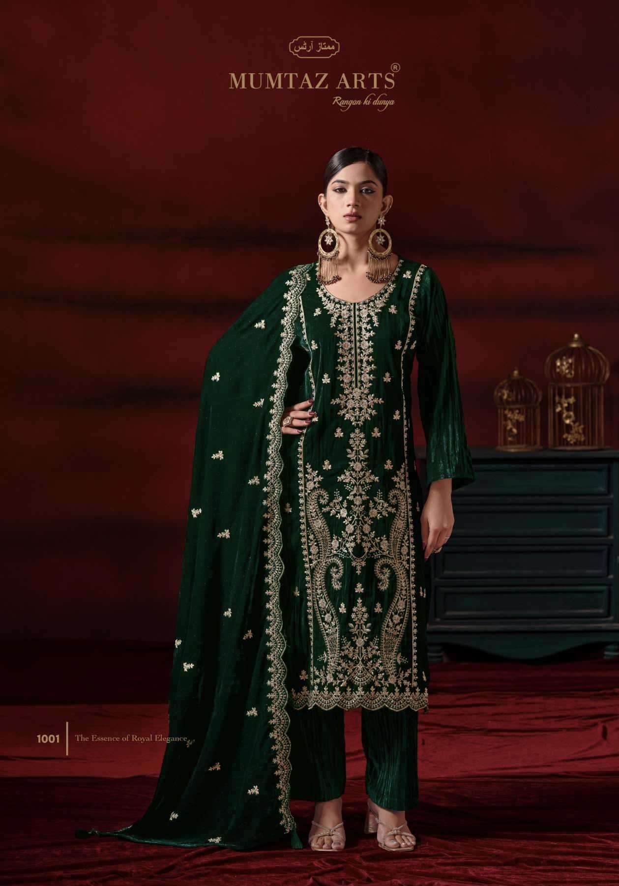 SHEHZAADI SERIES 1001 TO 1004 BY MUMTAZ ARTS DESIGNER EMBROIDERY WORK CRUSH VELVET SUITS ARE AVAILABLE AT WHOLESALE PRICE 