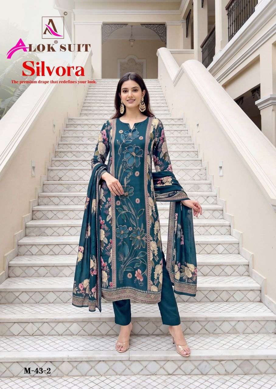 SILVORA SERIES 1001 TO 1004 BY ALOK SUITS DESIGNER DIGITAL PRINTED AND EPLIC WORK VISCOSE MUSLIN SUITS ARE AVAILABLE AT WHOLESALE PRICE