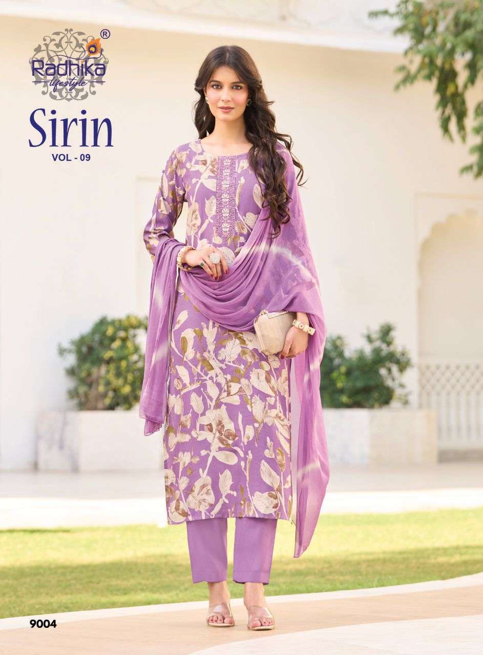 SIRIN VOL-9 SERIES 9001 TO 9008 BY RADHIKA LIFESTYLE DESIGNER FOIL PRINT AND EMBROIDERY WORK VATICAN TOP WITH BOTTOM AND DUPATTA ARE AVAILABLE AT WHOLESALE PRICE