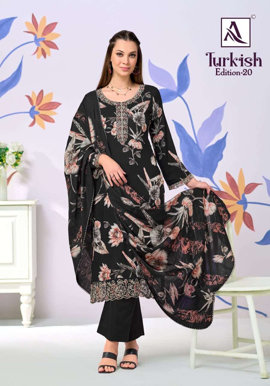 TURKISH EDITION-20 SERIES 3101 BY ALOK SUITS DESIGNER FOIL PRINT AND EMBROIDERY WORK VISCOSE RAYON SUITS ARE AVAILABLE AT WHOLESALE PRICE