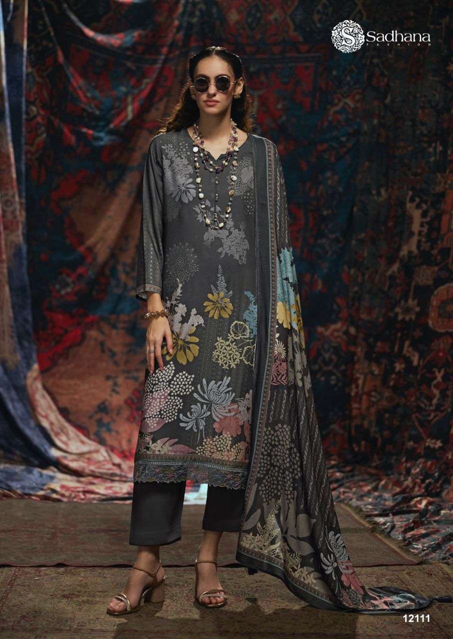 VIVID SERIES 12109 TO 12114 B Y SADHANA DESIGNER DIGITAL PRINTED AND FANCY WORK VISCOSE PASHMINA SUITS ARE AVAILABLE AT WHOLESALE PRICE
