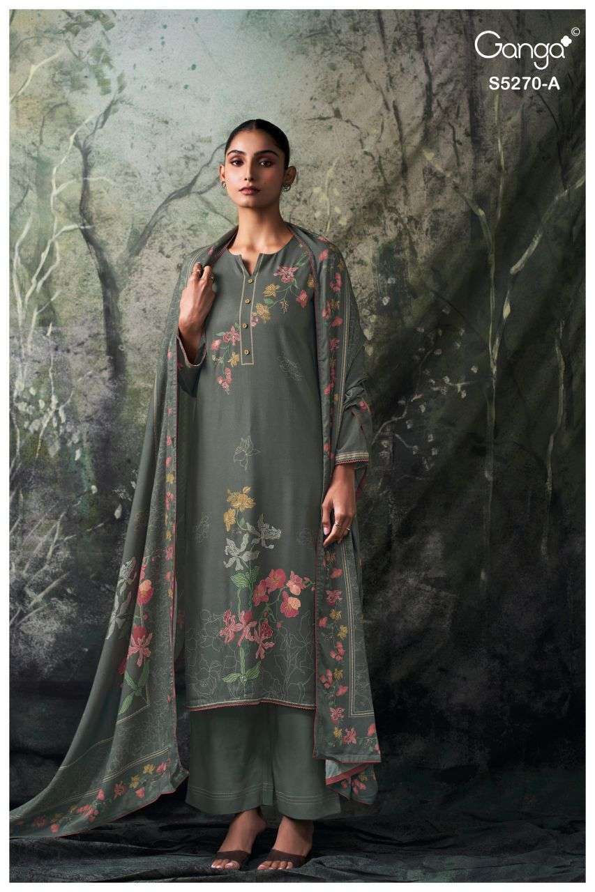 YUTISHA SERIES 5270 BY GANGA DESIGNER PRINTED WITH HAND EMBROIDERY AND HAND WORK WOOL PASHMINA SUITS ARE AVAILABLE AT WHOLESALE PRICE