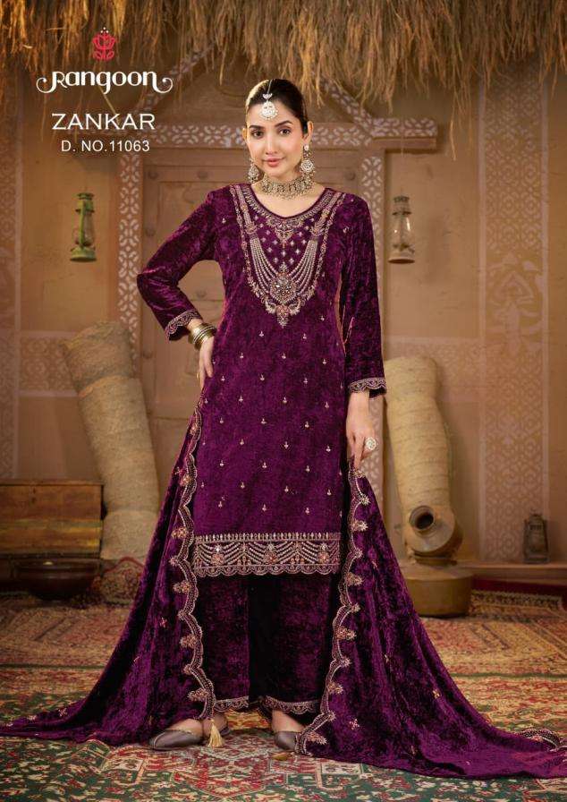 ZANKAR SERIES 11061 TO 11064 BY RANGOON DESIGNER EMBROIDERY WORK MAKHMAL VELVET SUITS ARE AVAILABLE AT WHOLESALE PRICE 