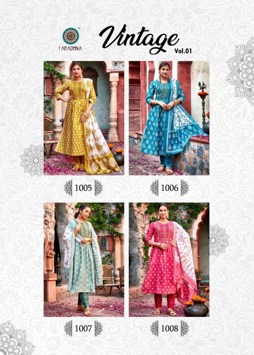 VINTAGE VOL-1 1001 TO 1008 KURTI ARADHANA DESIGNER WITH PRINTED COTTON KURTI WITH PANT AND DUPATTA ARE AVAILABLE AT WHOLESALE PRICE