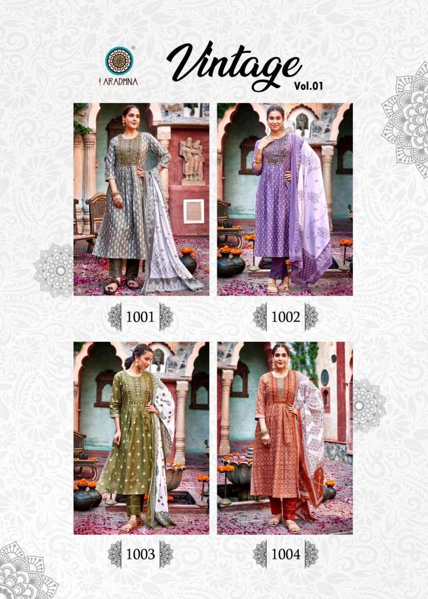 VINTAGE VOL-1 1001 TO 1008 KURTI ARADHANA DESIGNER WITH PRINTED COTTON KURTI WITH PANT AND DUPATTA ARE AVAILABLE AT WHOLESALE PRICE