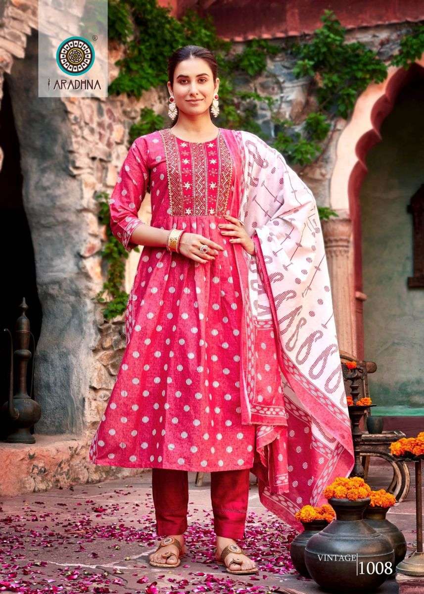VINTAGE VOL-1 1001 TO 1008 KURTI ARADHANA DESIGNER WITH PRINTED COTTON KURTI WITH PANT AND DUPATTA ARE AVAILABLE AT WHOLESALE PRICE