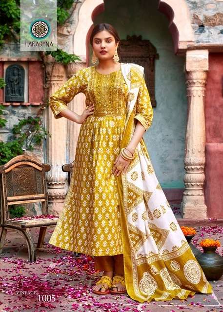 VINTAGE VOL-1 1001 TO 1008 KURTI ARADHANA DESIGNER WITH PRINTED COTTON KURTI WITH PANT AND DUPATTA ARE AVAILABLE AT WHOLESALE PRICE