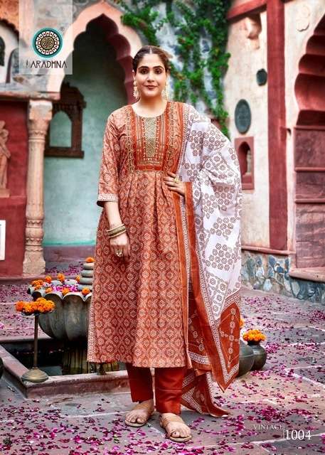 VINTAGE VOL-1 1001 TO 1008 KURTI ARADHANA DESIGNER WITH PRINTED COTTON KURTI WITH PANT AND DUPATTA ARE AVAILABLE AT WHOLESALE PRICE