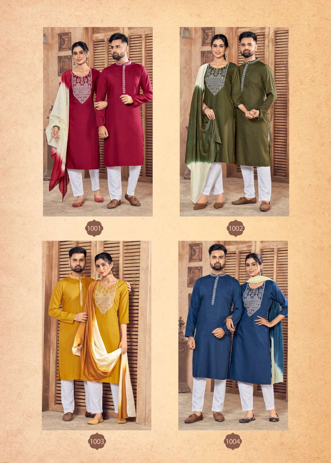 COUPLE GOAL VOL-7 SERIES 1001 TO 1004 BY BANWERY DESIGNER WITH WORK VISCOSE  KURTI AND KURTA PAYJAMA ARE AVAILABLE AT WHOLESALE PRICE