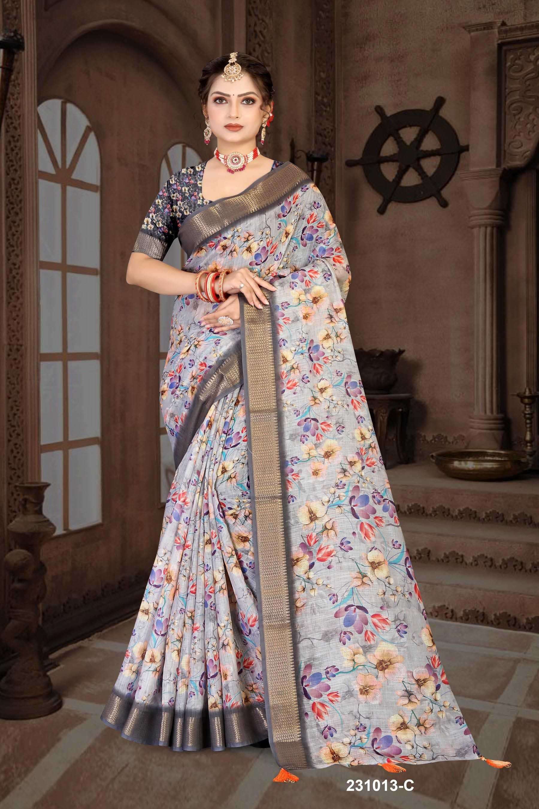 Pastel Blue Designer Linen Saree