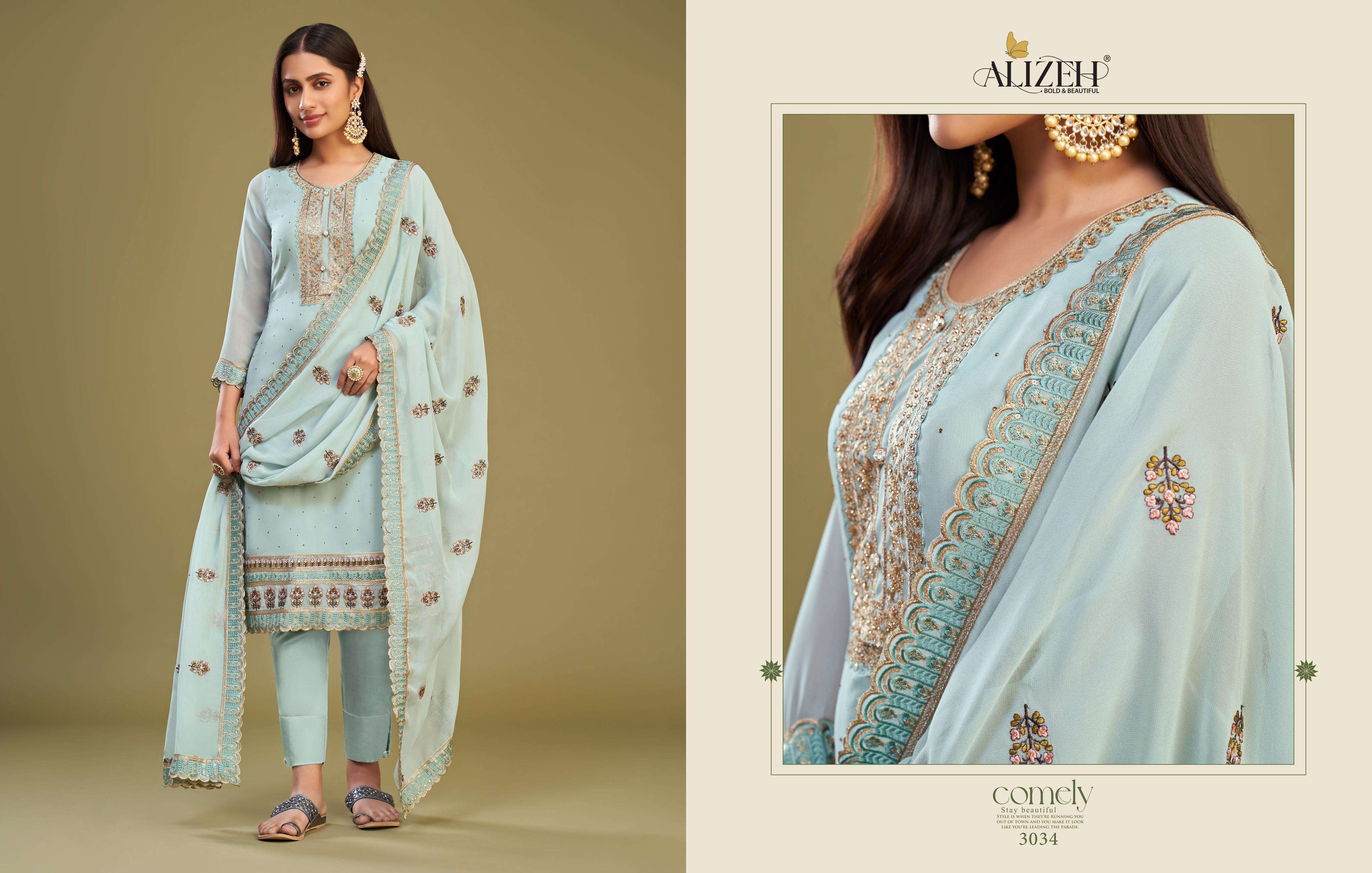 ALMORA SERIES 3034 TO 3037 BY ALIZEH DESIGNER WITH EMBROIDERY WORK GEORGETTE SUITS ARE AVAILABLE AT WHOLESALE PRICE