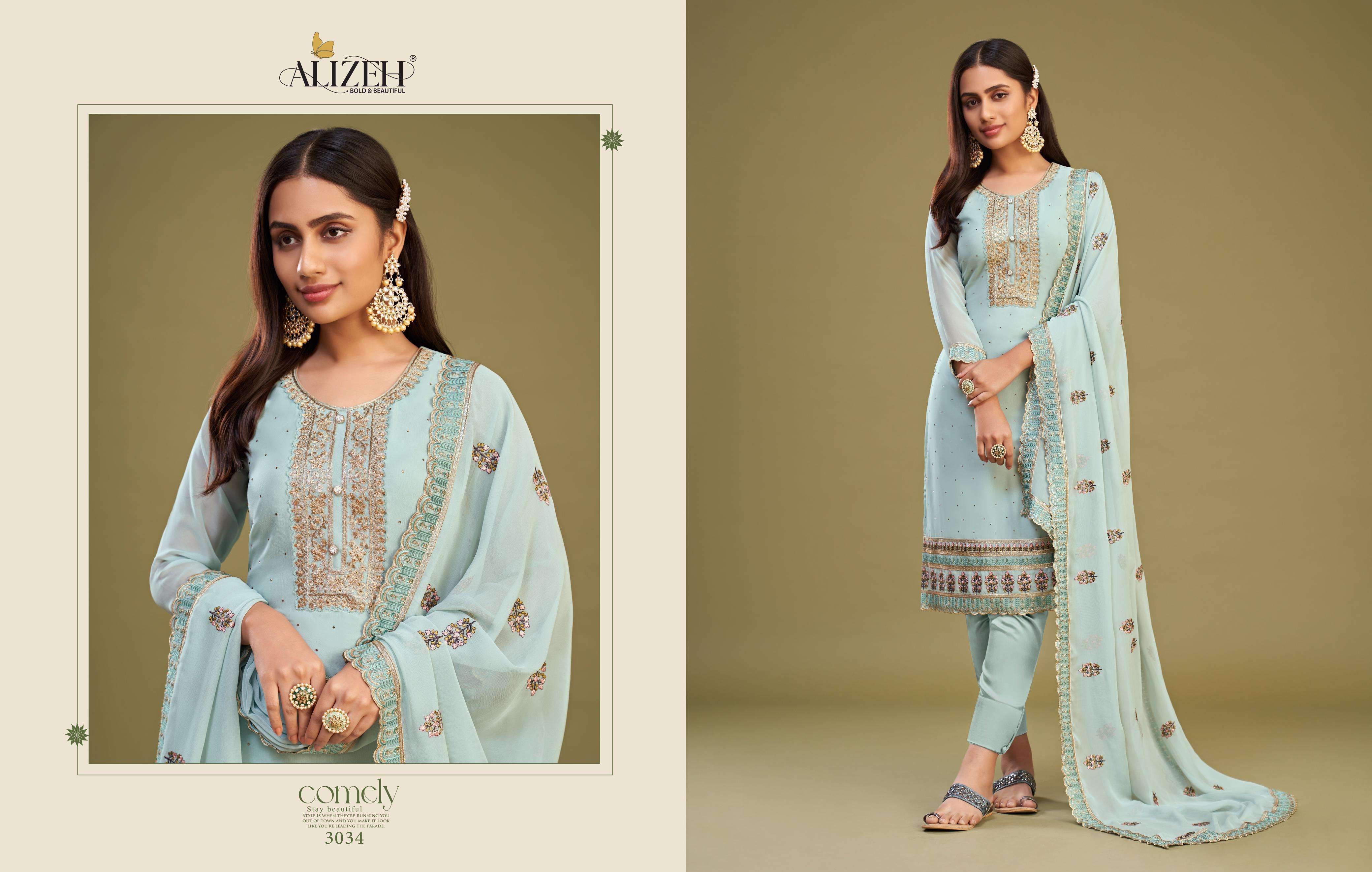 ALMORA SERIES 3034 TO 3037 BY ALIZEH DESIGNER WITH EMBROIDERY WORK GEORGETTE SUITS ARE AVAILABLE AT WHOLESALE PRICE