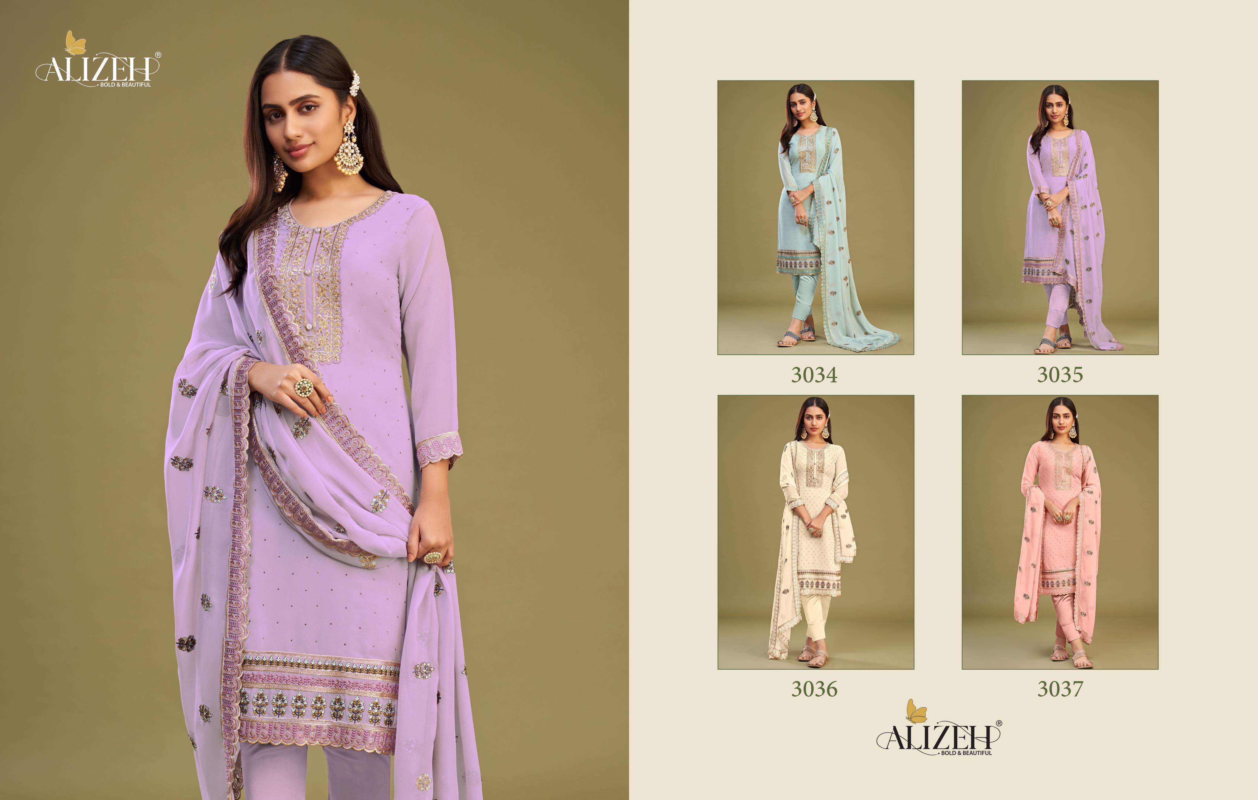 ALMORA SERIES 3034 TO 3037 BY ALIZEH DESIGNER WITH EMBROIDERY WORK GEORGETTE SUITS ARE AVAILABLE AT WHOLESALE PRICE