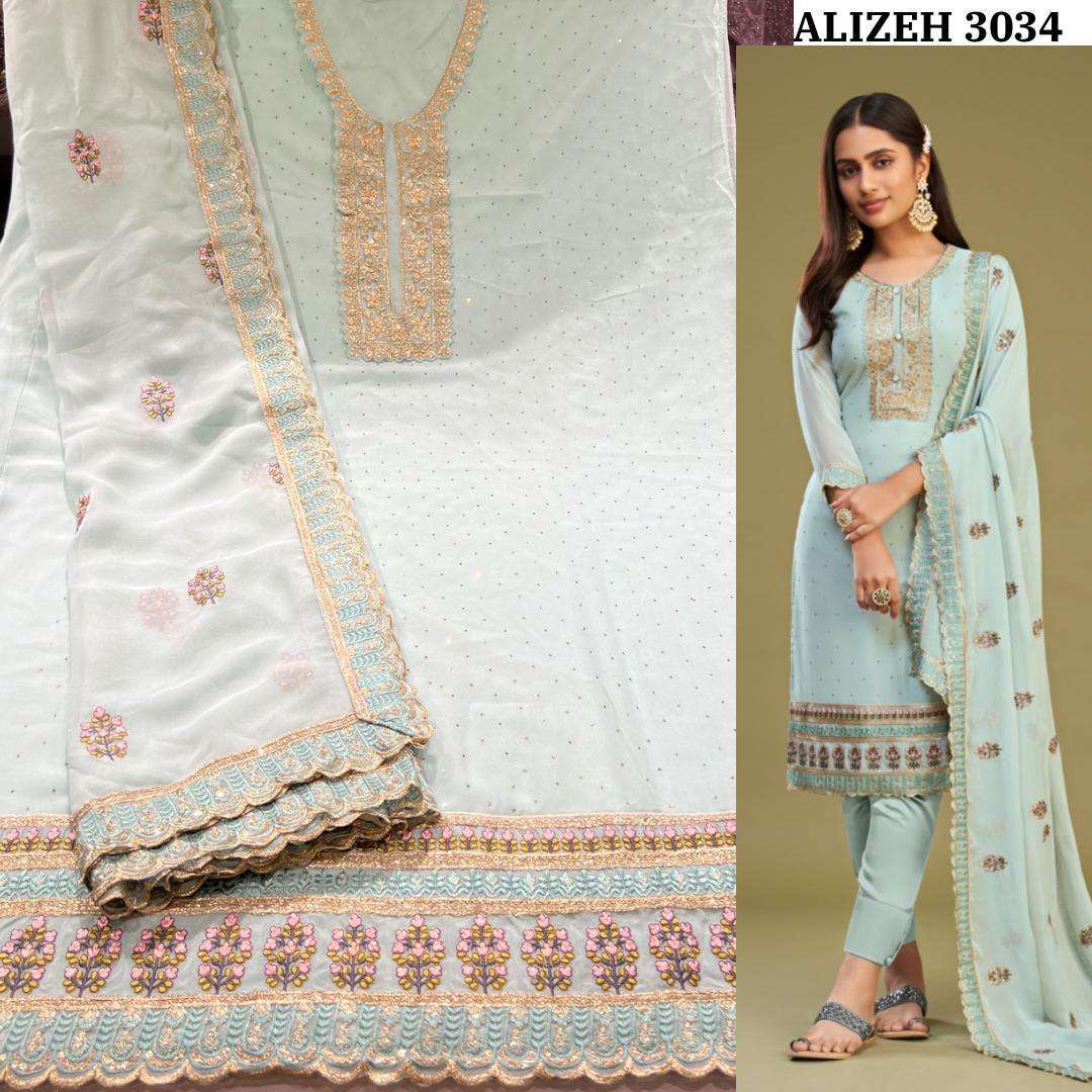 ALMORA SERIES 3034 TO 3037 BY ALIZEH DESIGNER WITH EMBROIDERY WORK GEORGETTE SUITS ARE AVAILABLE AT WHOLESALE PRICE