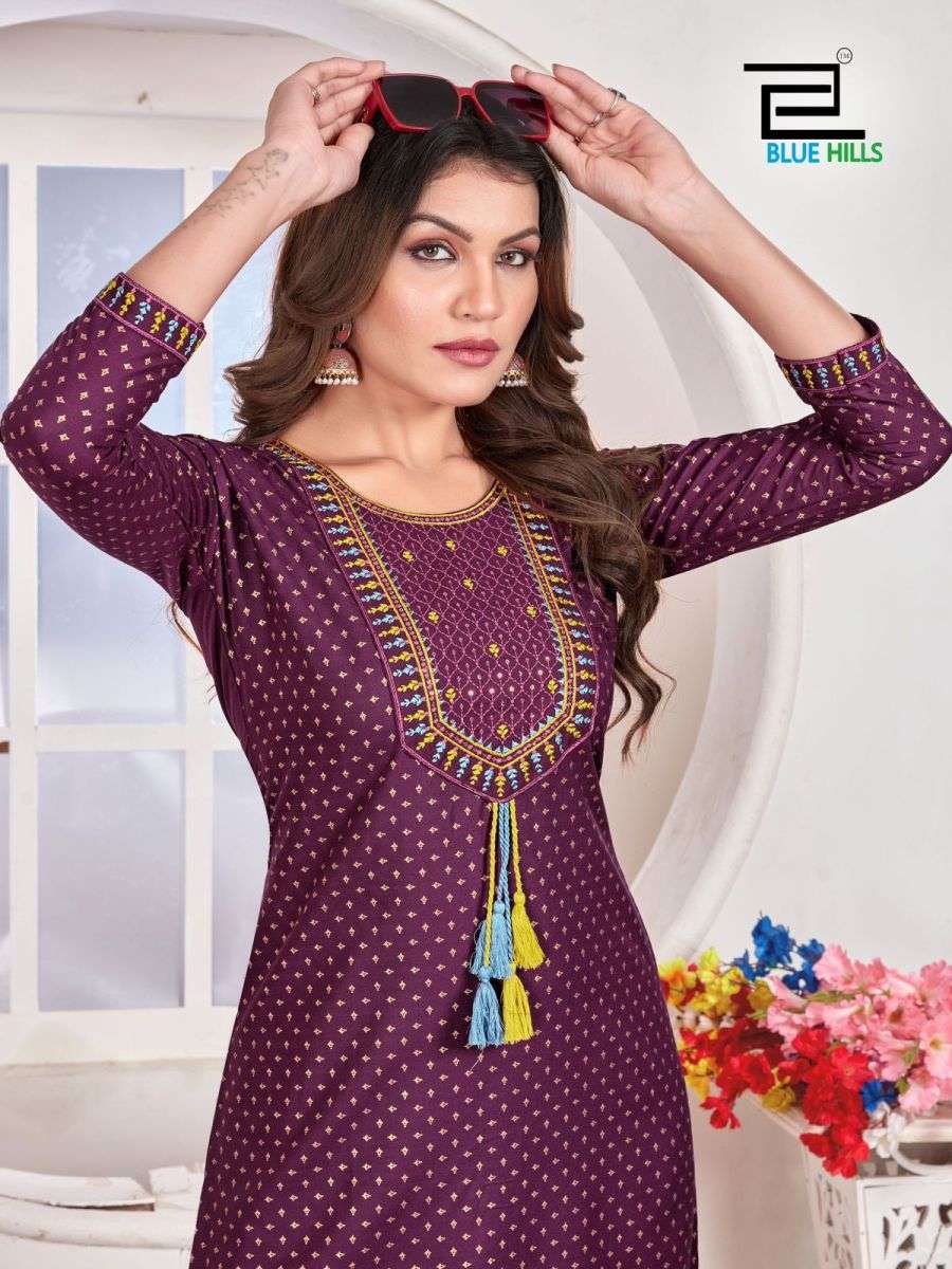 PRIYA SERIES 1001 TO 1008 KURTI BY BLUE HILLS DESIGNER FOIL PRINTED RAYON  KURTIS ARE AVAILABLE AT WHOLESALE PRICE