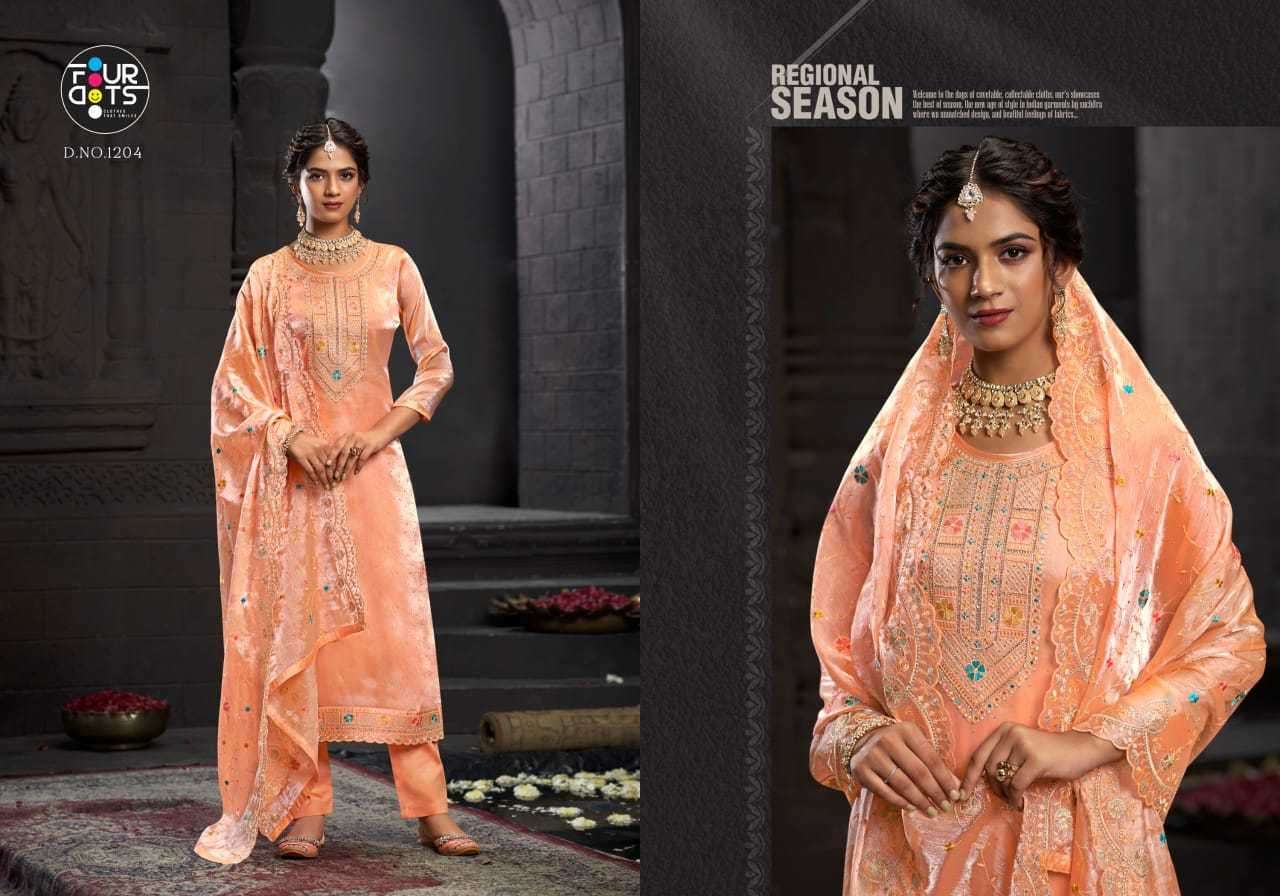 MEHBOOB SERIES 1201 TO 1204 BY FOUR DOTS DESIGNER WITH WORK JIMMY CHOO BURBERRY SUITS ARE AVAILABLE AT WHOLESALE PRICE