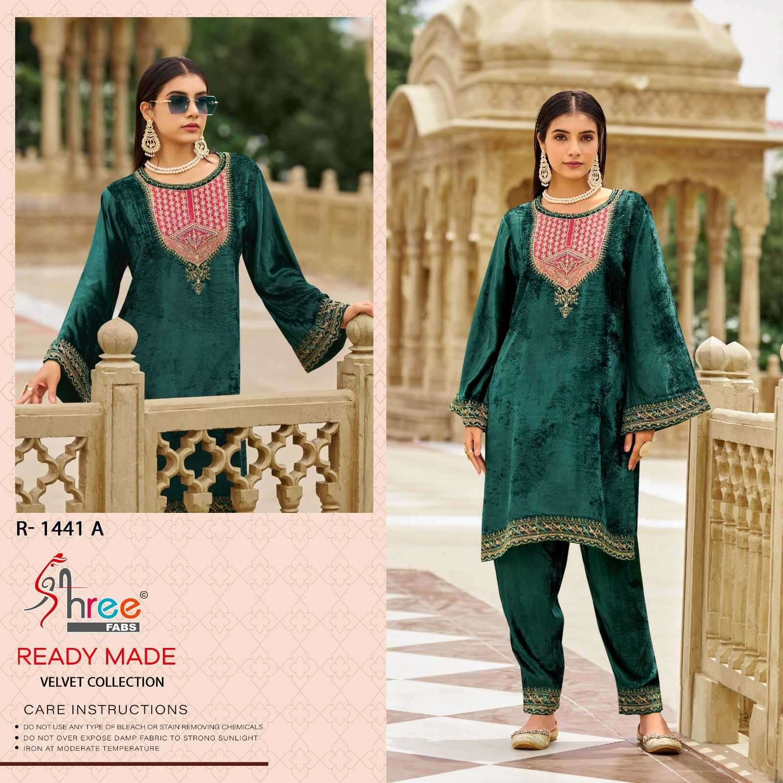 R 1441 BY SHREE FABS DESIGNER EMBROIDERY WORK VISCOSE VELVET KURTI WITH  PANT ARE AVAILABLE AT WHOLESALE PRICE