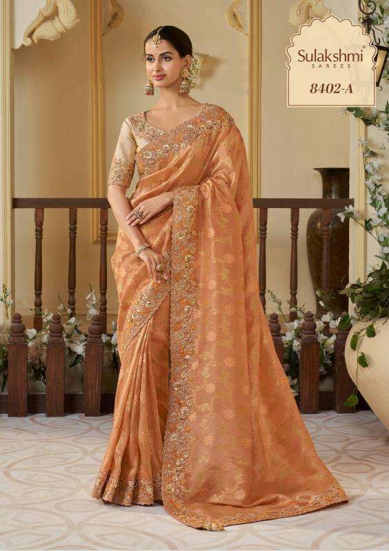 WEDDING SAGA HIT COLOR SERIES 8402 TO 8405 SAREE BY SULAKSHMI DESIGNER WORK TISSUE SILK SAREES ARE AVAILABLE AT WHOLESALE PRICE
