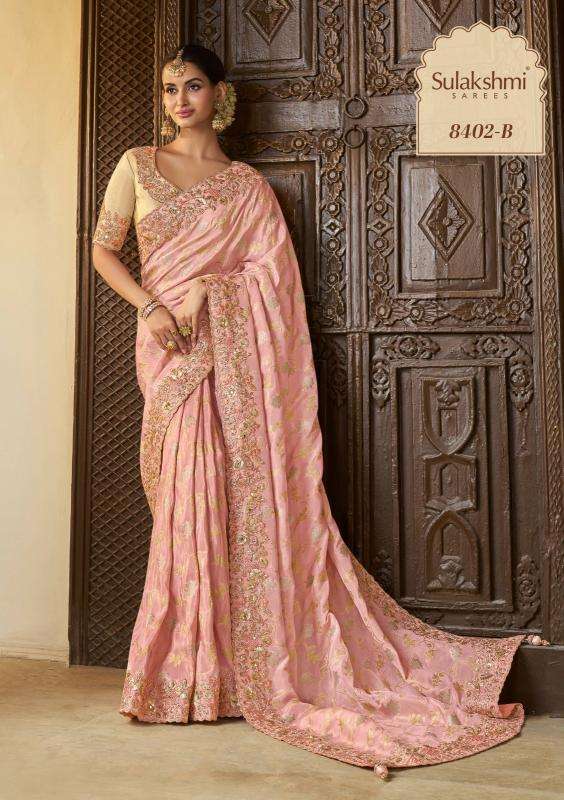 WEDDING SAGA HIT COLOR SERIES 8402 TO 8405 SAREE BY SULAKSHMI DESIGNER WORK TISSUE SILK SAREES ARE AVAILABLE AT WHOLESALE PRICE