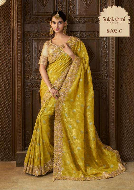 WEDDING SAGA HIT COLOR SERIES 8402 TO 8405 SAREE BY SULAKSHMI DESIGNER WORK TISSUE SILK SAREES ARE AVAILABLE AT WHOLESALE PRICE
