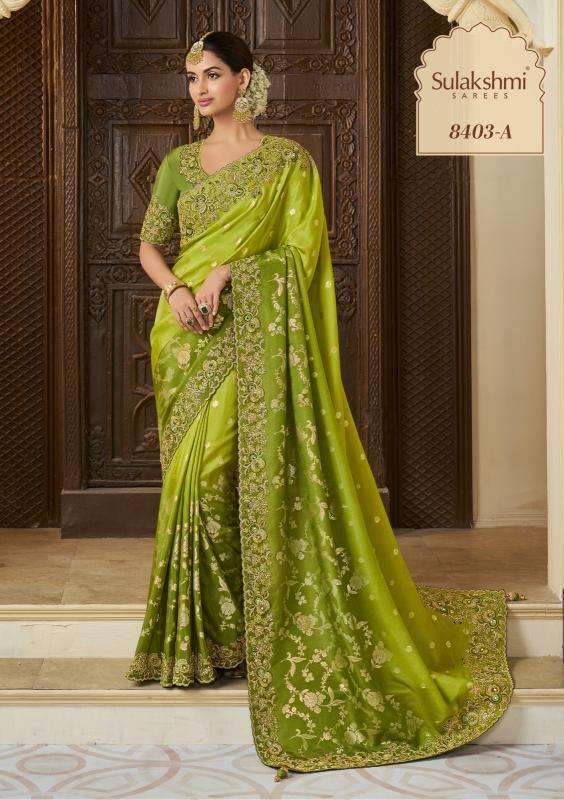 WEDDING SAGA HIT COLOR SERIES 8402 TO 8405 SAREE BY SULAKSHMI DESIGNER WORK TISSUE SILK SAREES ARE AVAILABLE AT WHOLESALE PRICE