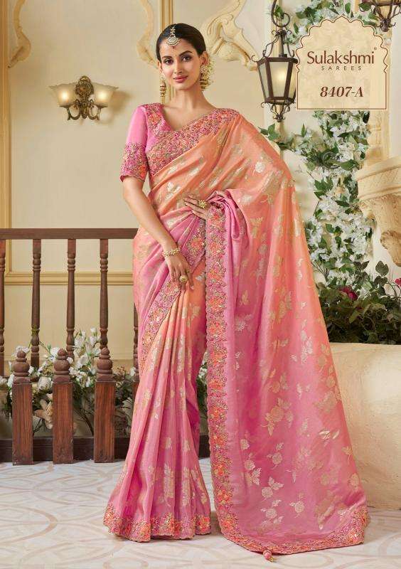 WEDDING SAGA HIT COLOR SERIES 8402 TO 8405 SAREE BY SULAKSHMI DESIGNER WORK TISSUE SILK SAREES ARE AVAILABLE AT WHOLESALE PRICE