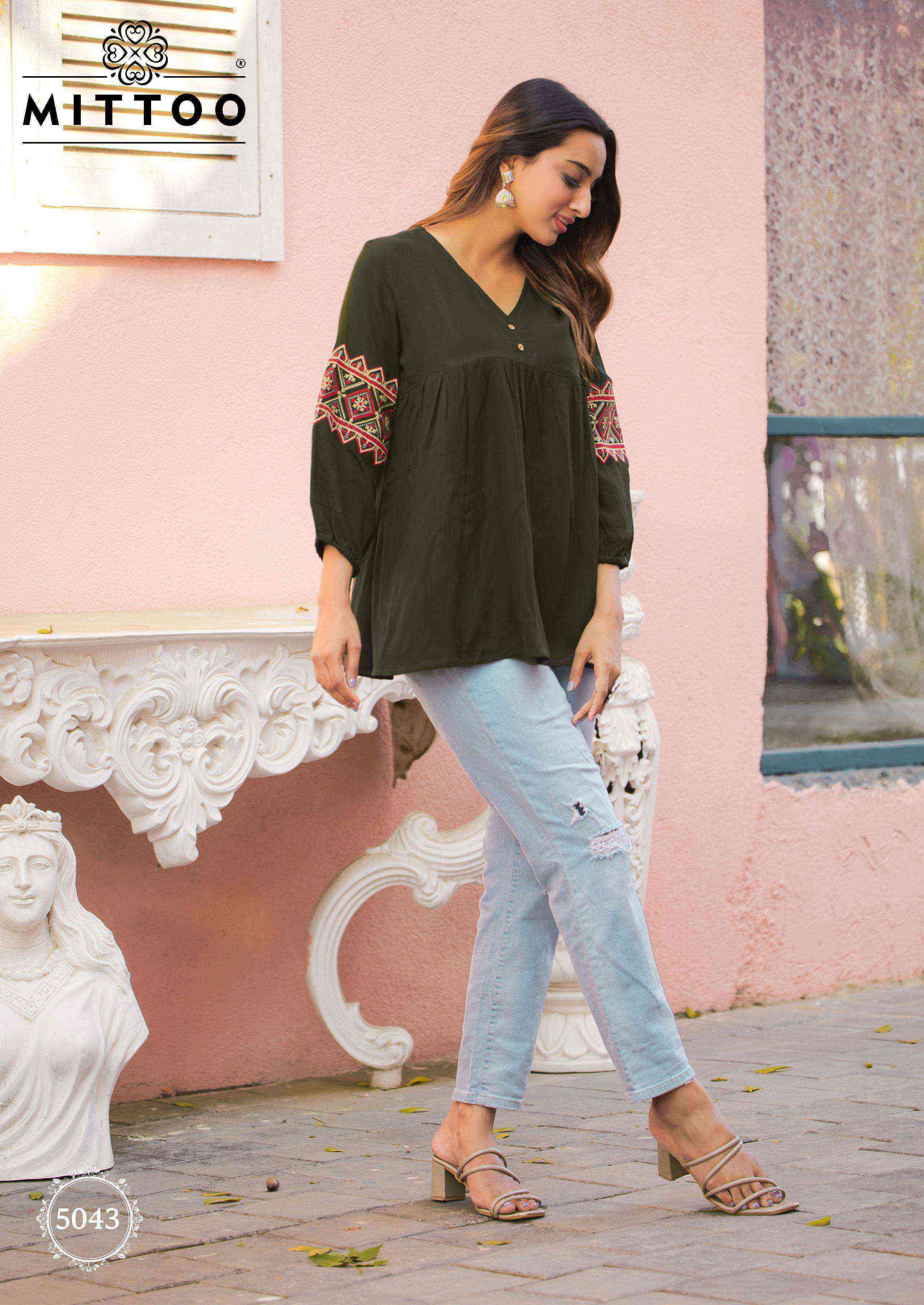 VICTORIA VOL-8 SERIES 5041 TO 5046 TOP BY MITTO DESIGNER WORK RAYON WRINKLE SHORT TOPS ARE AVAILABLE AT WHOLESALE PRICE