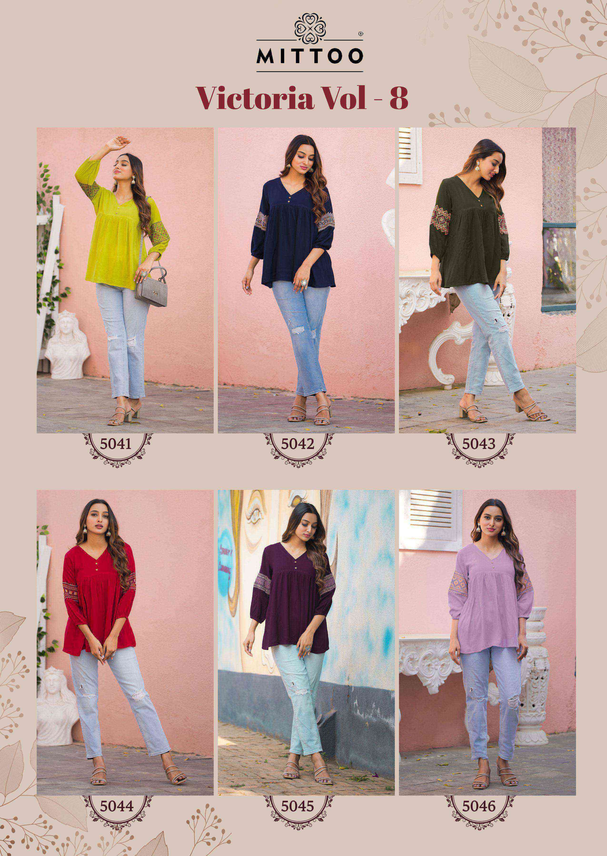 VICTORIA VOL-8 SERIES 5041 TO 5046 TOP BY MITTO DESIGNER WORK RAYON WRINKLE SHORT TOPS ARE AVAILABLE AT WHOLESALE PRICE