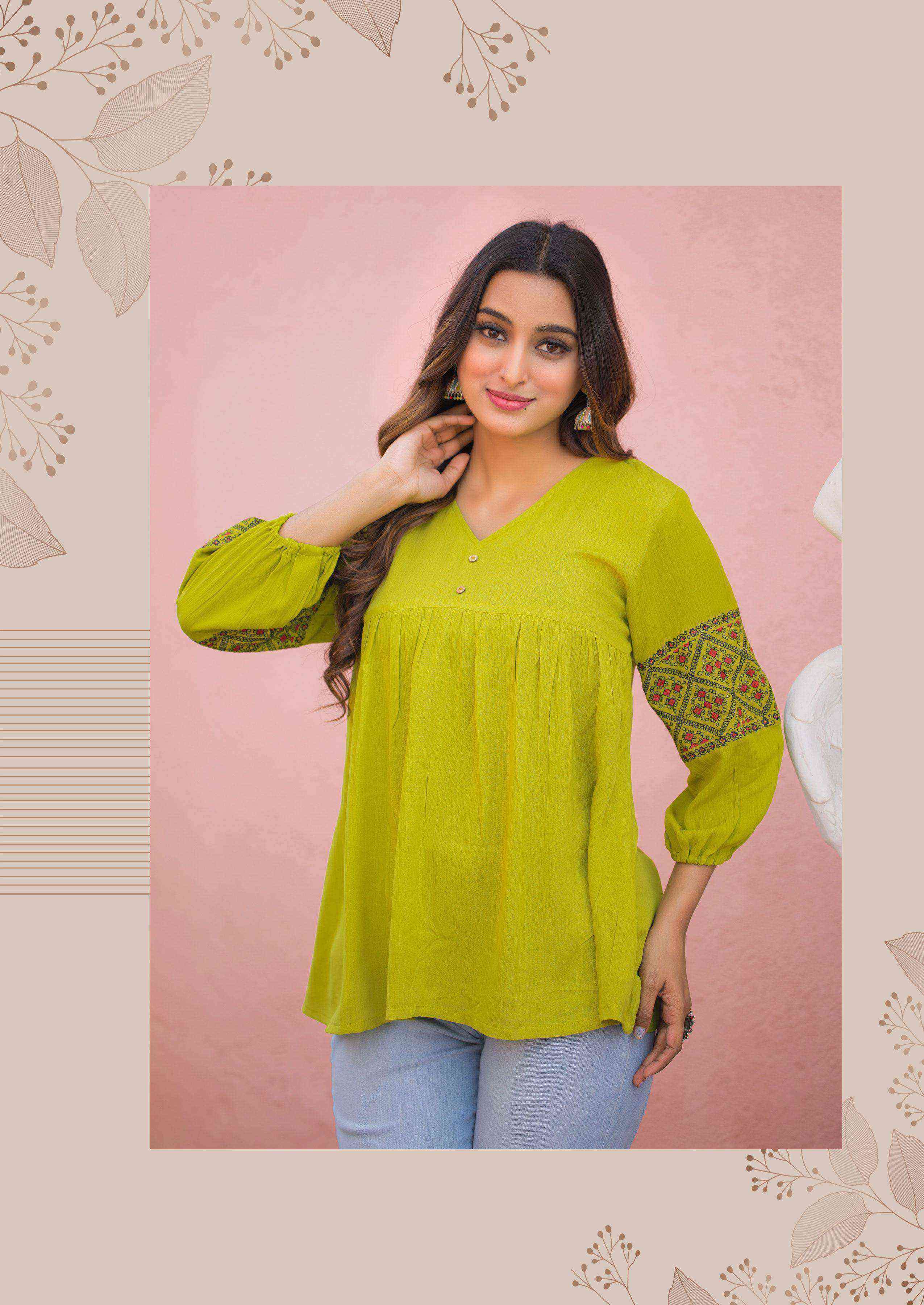 VICTORIA VOL-8 SERIES 5041 TO 5046 TOP BY MITTO DESIGNER WORK RAYON WRINKLE SHORT TOPS ARE AVAILABLE AT WHOLESALE PRICE