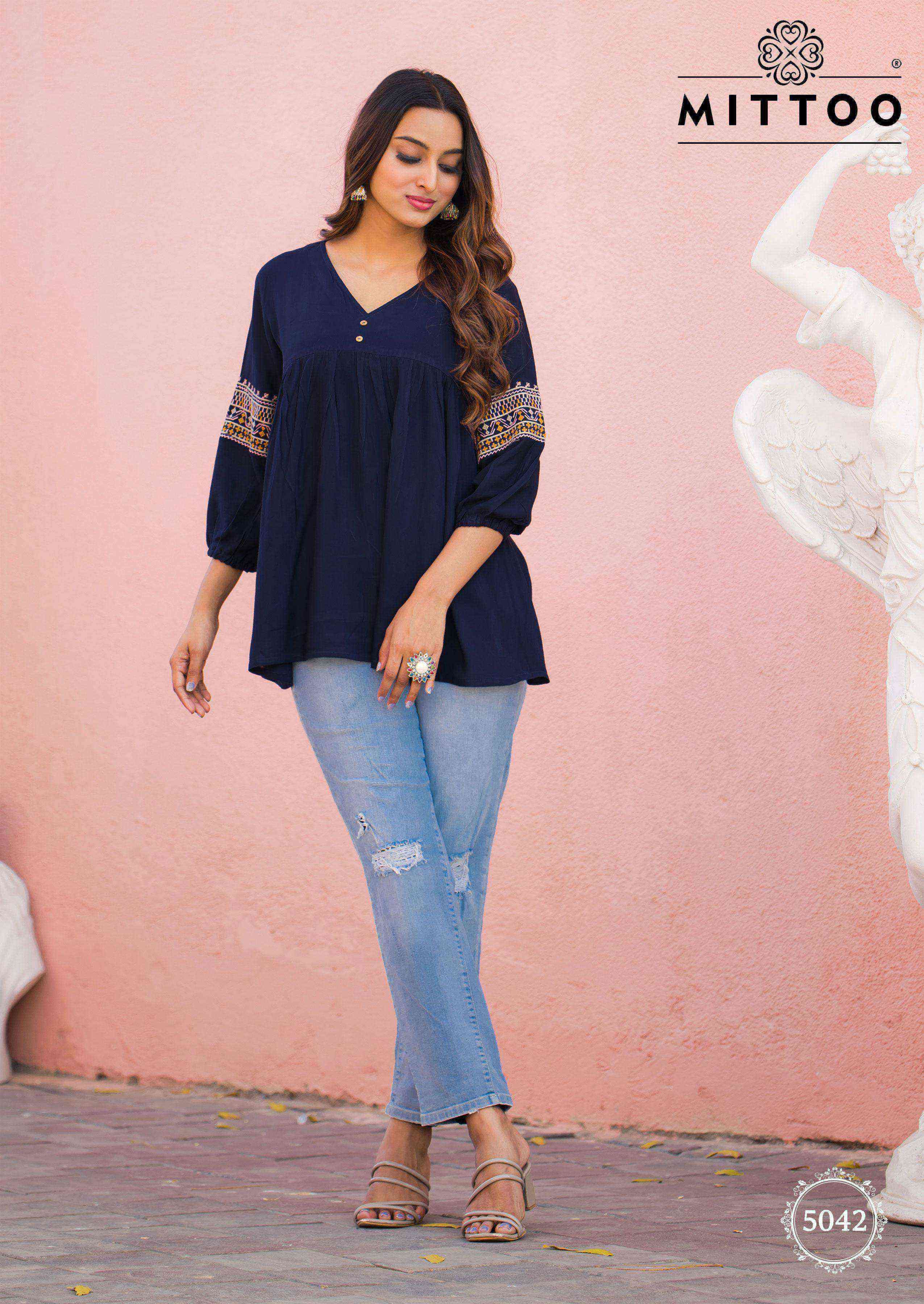 VICTORIA VOL-8 SERIES 5041 TO 5046 TOP BY MITTO DESIGNER WORK RAYON WRINKLE SHORT TOPS ARE AVAILABLE AT WHOLESALE PRICE