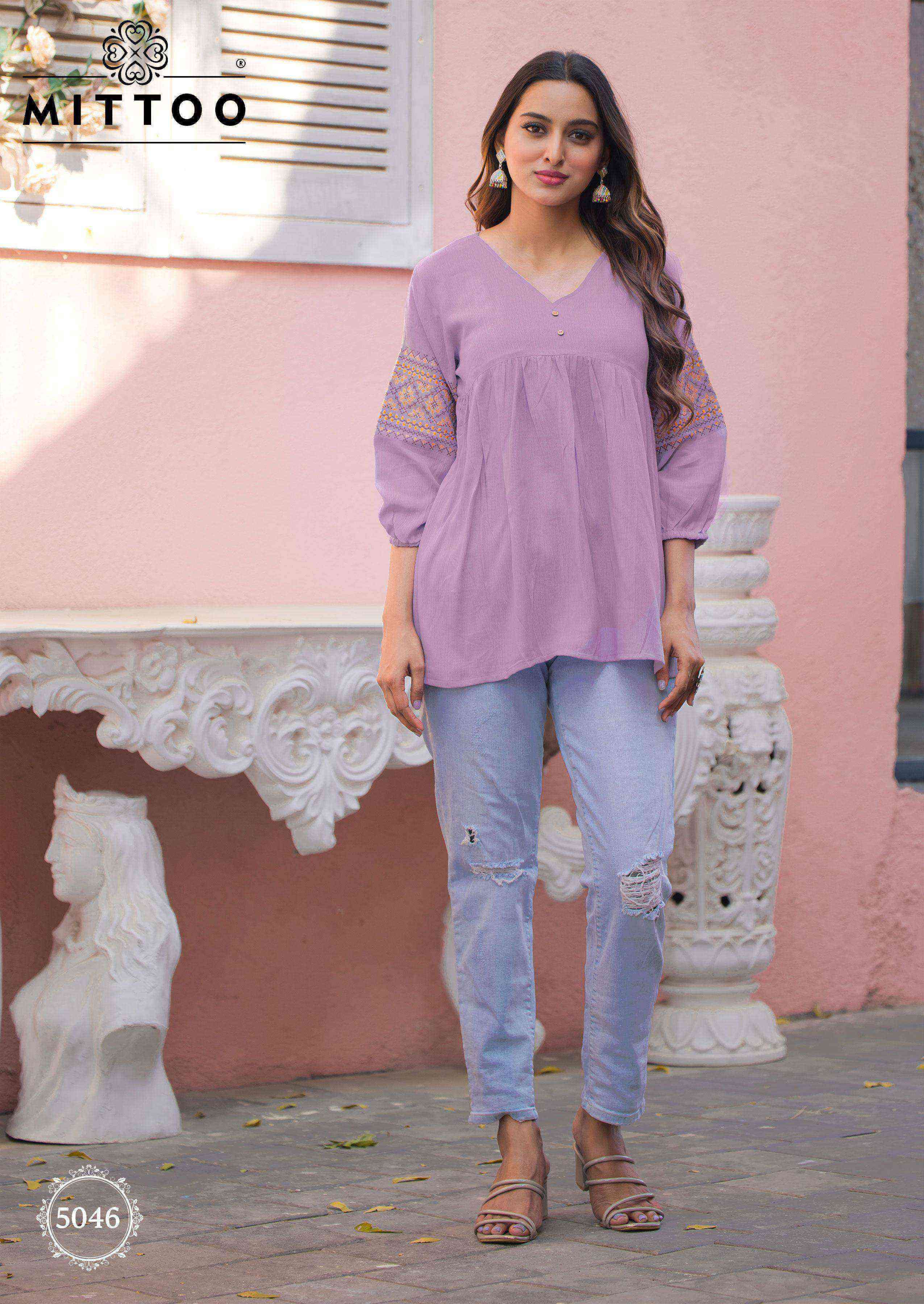 VICTORIA VOL-8 SERIES 5041 TO 5046 TOP BY MITTO DESIGNER WORK RAYON WRINKLE SHORT TOPS ARE AVAILABLE AT WHOLESALE PRICE