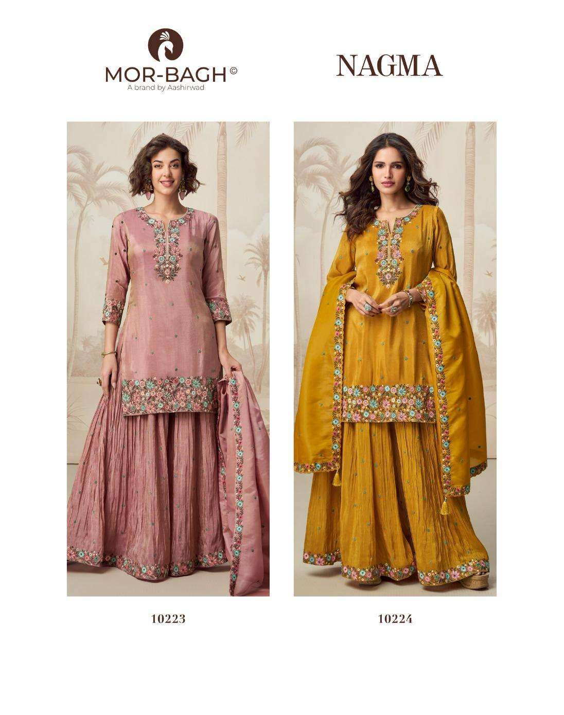 NAGMA SERIES 10223 TO 10224 BY MOR BAGH DESIGNER WORK ORGANZA SHIMMER SILK READYMADE SUITS ARE AVAILABLE AT WHOLESALE PRICE