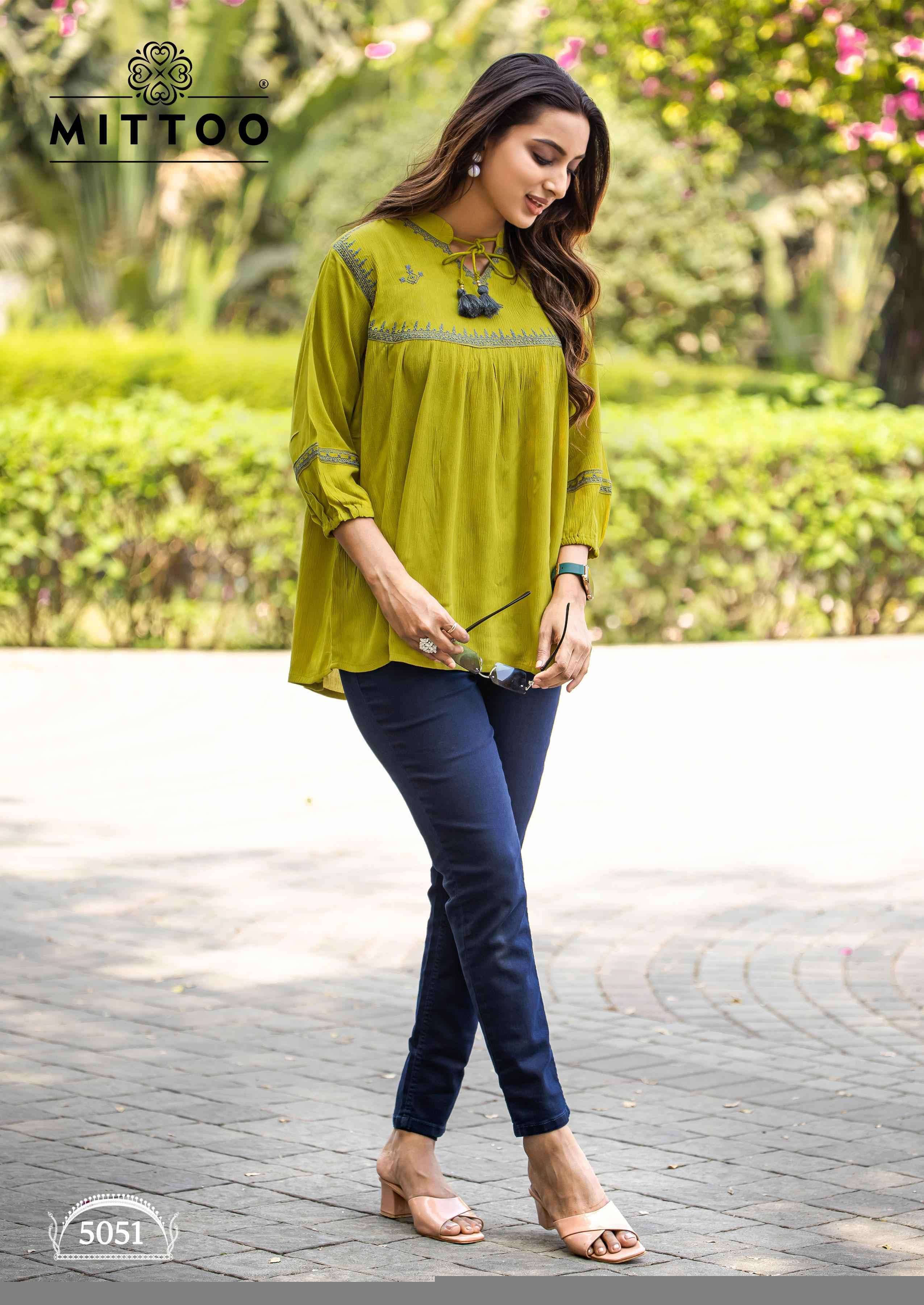 VICTORIA VOL-9 SERIES 5047 TO 5052 TOP BY MITTO DESIGNER WORK RAYON WRINKLE SHORT TOPS ARE AVAILABLE AT WHOLESALE PRICE