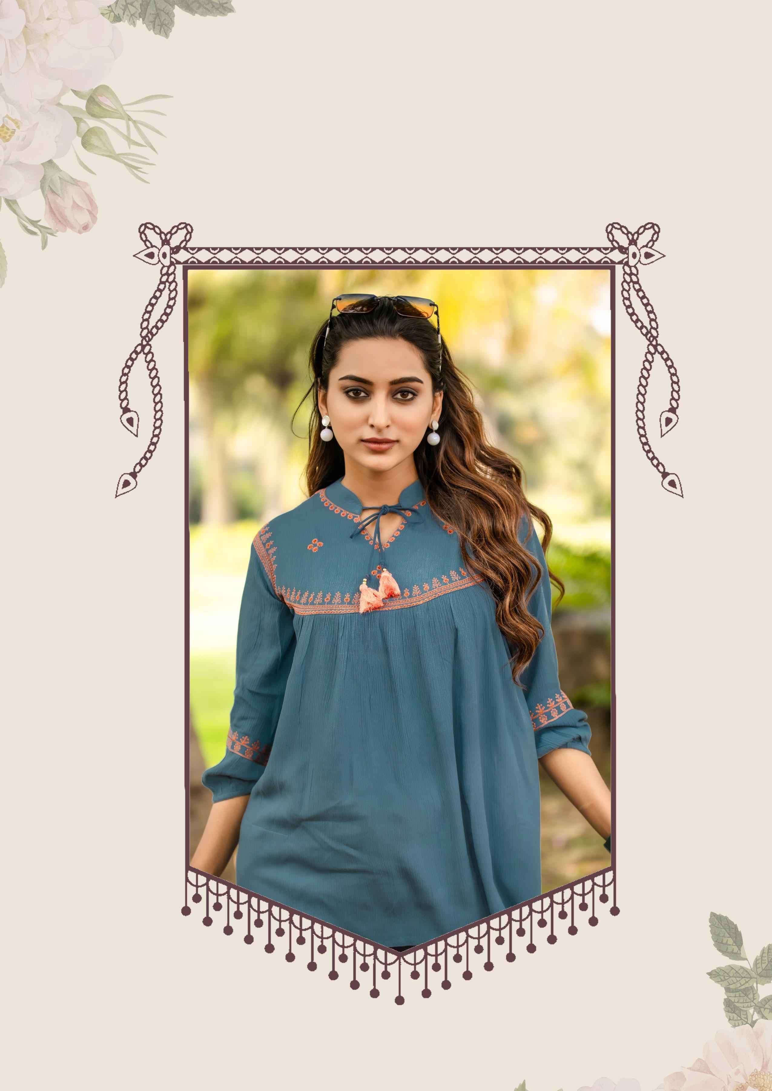 VICTORIA VOL-9 SERIES 5047 TO 5052 TOP BY MITTO DESIGNER WORK RAYON WRINKLE SHORT TOPS ARE AVAILABLE AT WHOLESALE PRICE