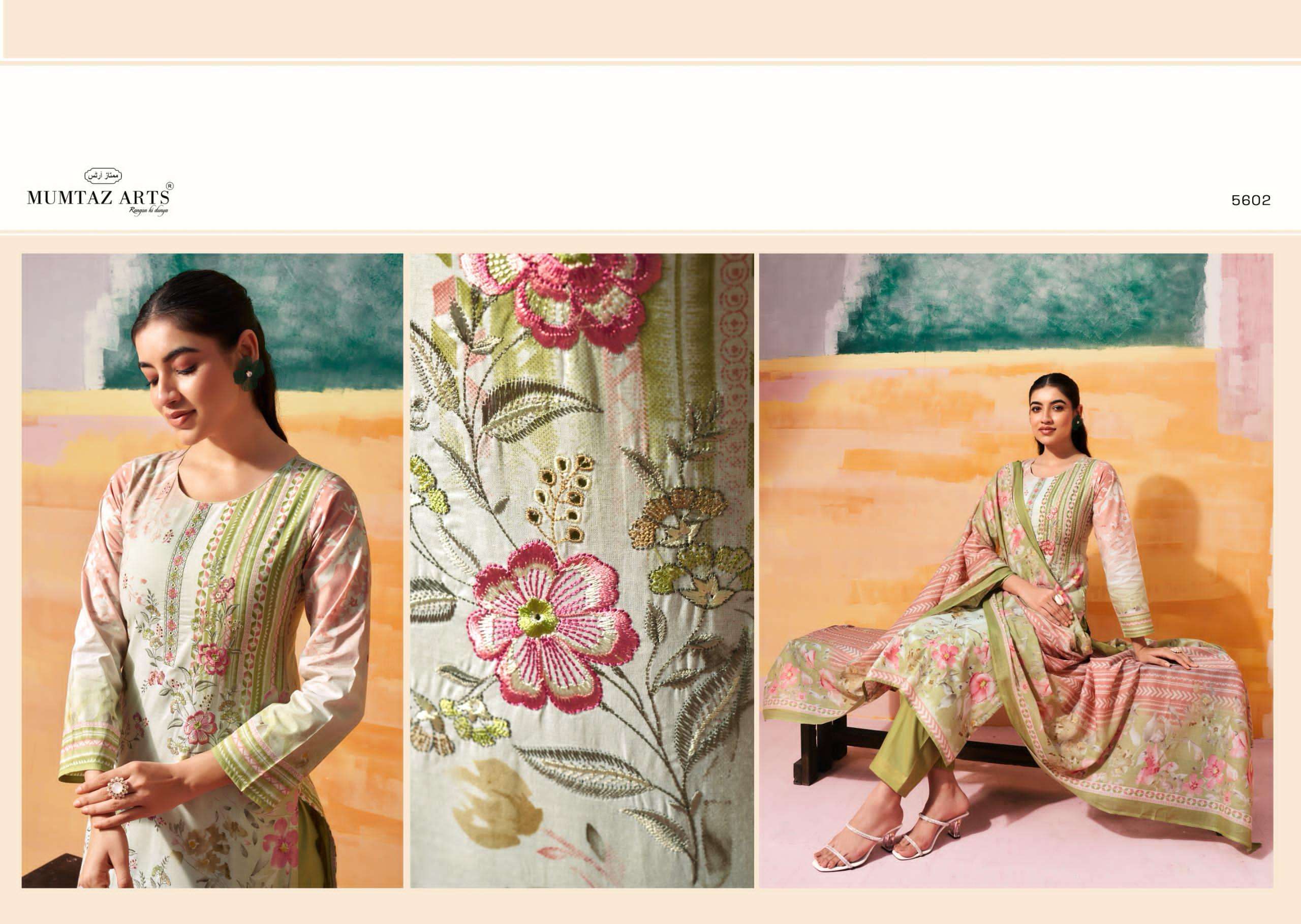 VINTAGE PASTEL SERIES 5601 TO 5606 BY MUMTAZ ARTS DESIGNER DIGITAL PRINTED AND WORK CAMBRIC SUITS ARE AVAILABLE AT WHOLESALE PRICE