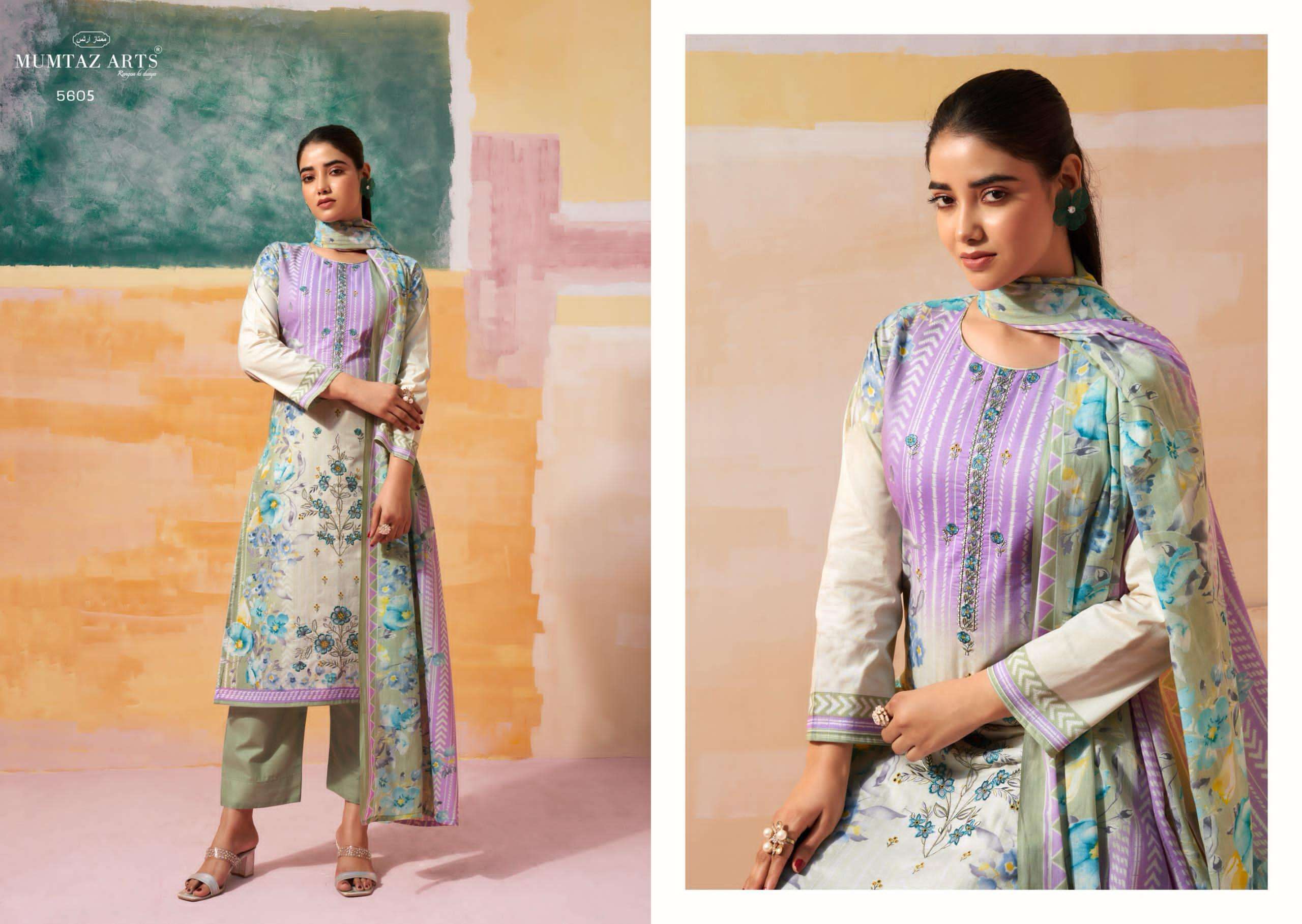 VINTAGE PASTEL SERIES 5601 TO 5606 BY MUMTAZ ARTS DESIGNER DIGITAL PRINTED AND WORK CAMBRIC SUITS ARE AVAILABLE AT WHOLESALE PRICE