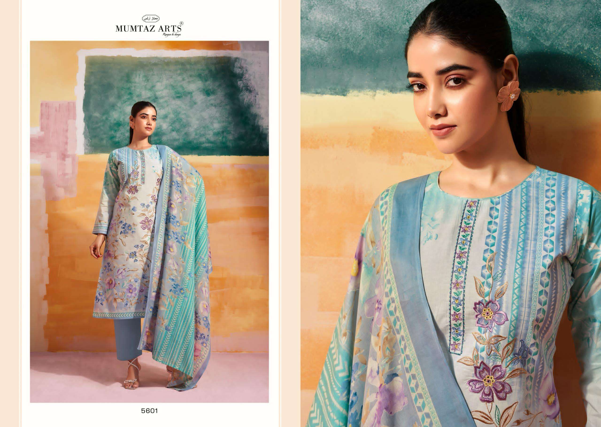 VINTAGE PASTEL SERIES 5601 TO 5606 BY MUMTAZ ARTS DESIGNER DIGITAL PRINTED AND WORK CAMBRIC SUITS ARE AVAILABLE AT WHOLESALE PRICE