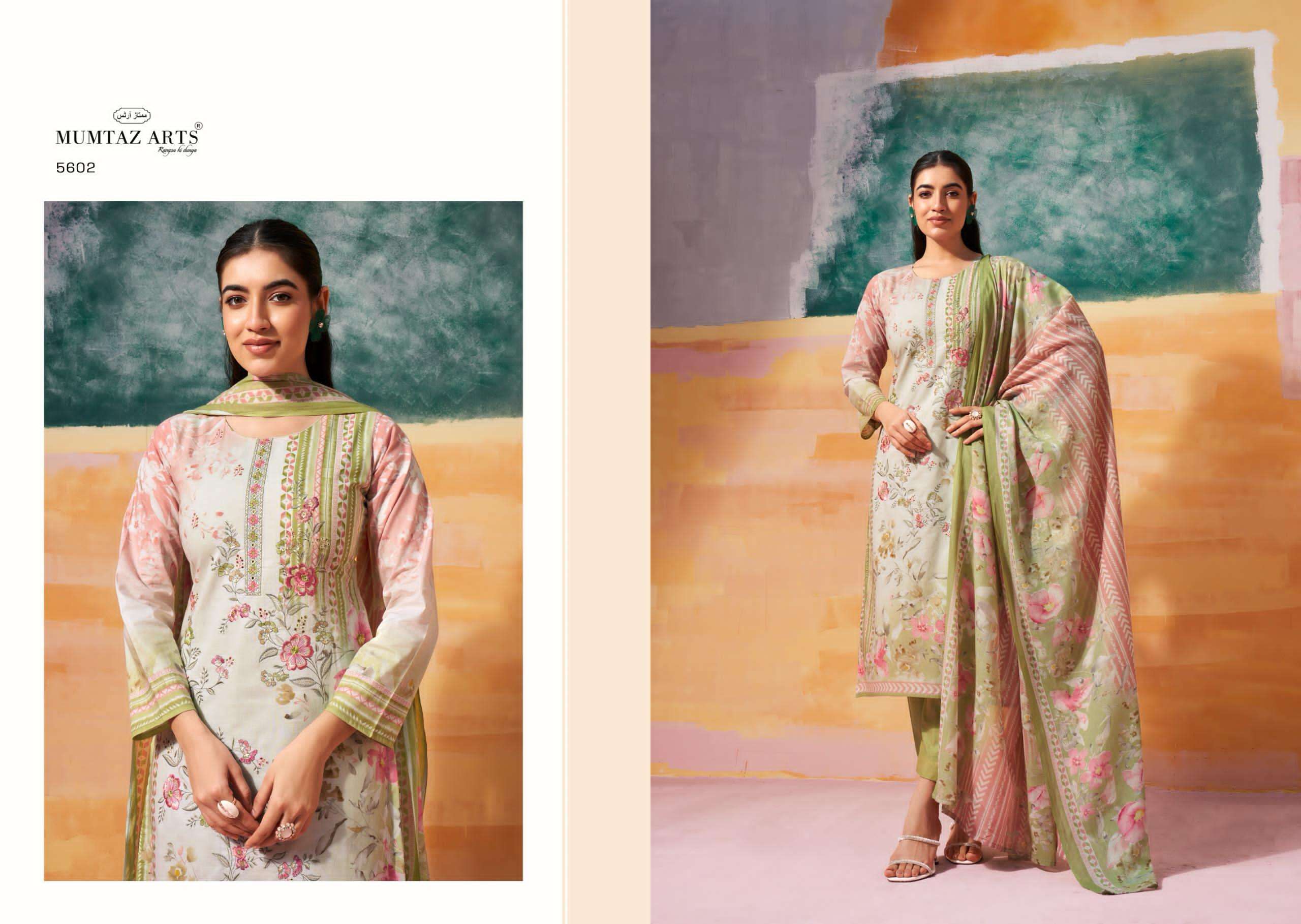 VINTAGE PASTEL SERIES 5601 TO 5606 BY MUMTAZ ARTS DESIGNER DIGITAL PRINTED AND WORK CAMBRIC SUITS ARE AVAILABLE AT WHOLESALE PRICE