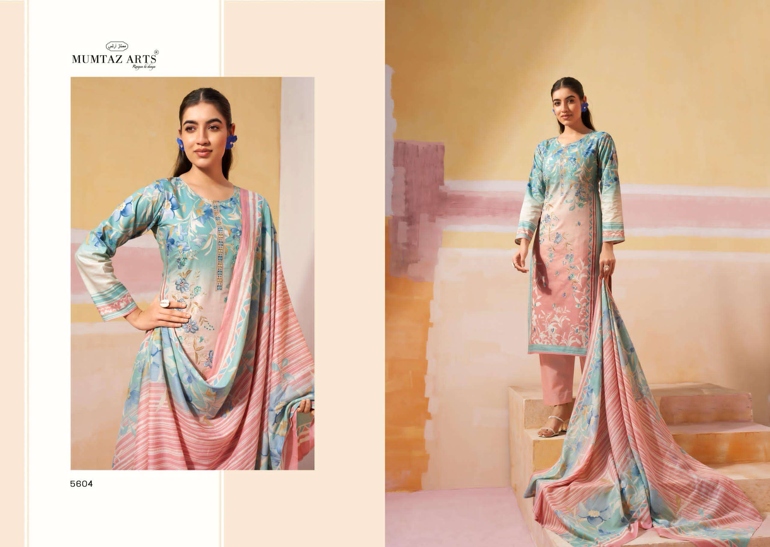 VINTAGE PASTEL SERIES 5601 TO 5606 BY MUMTAZ ARTS DESIGNER DIGITAL PRINTED AND WORK CAMBRIC SUITS ARE AVAILABLE AT WHOLESALE PRICE