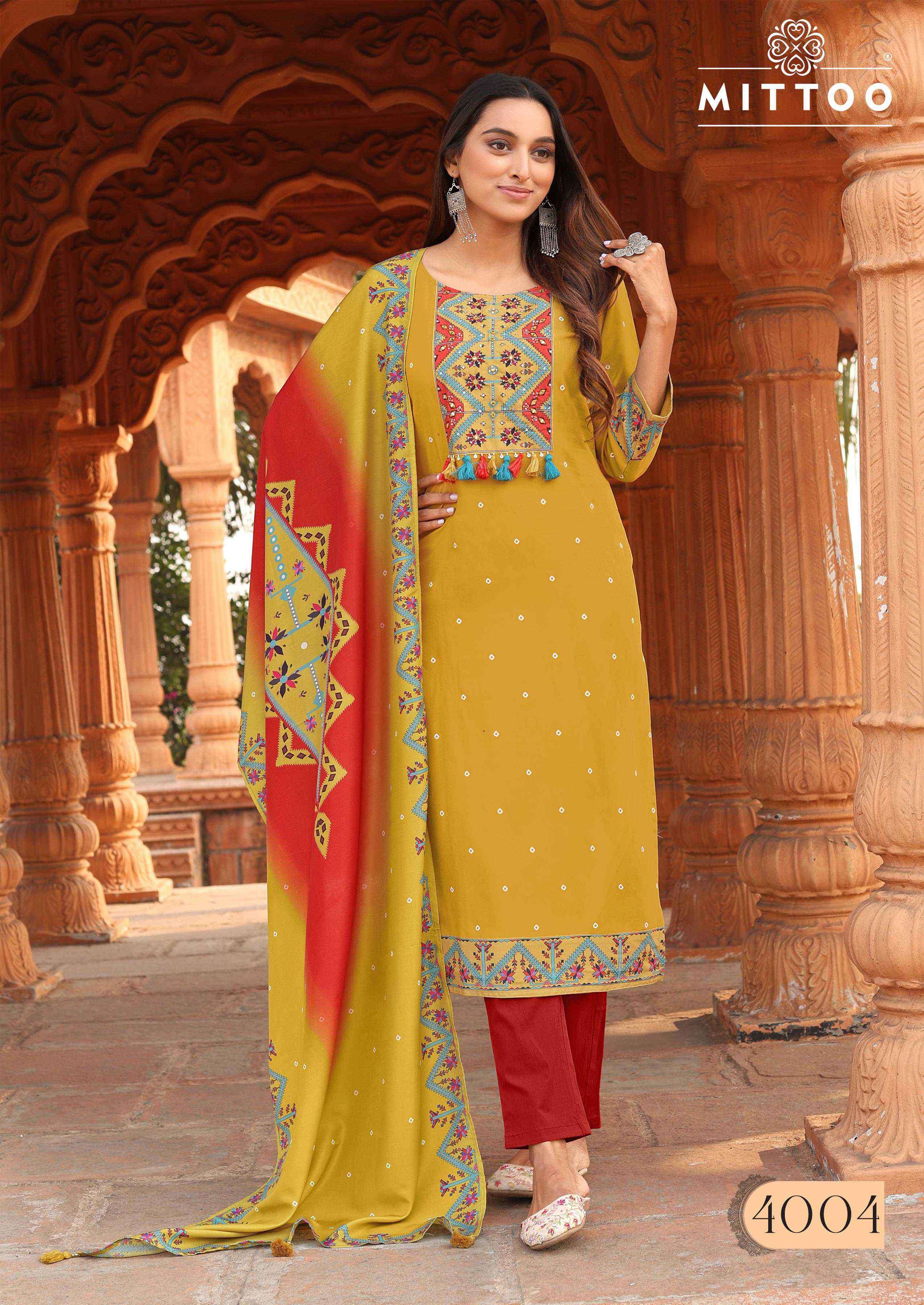 COLOR DROP SERIES 4001 TO 4006 BY MITTO DESIGNER PRINTED AND EMBROIDERY WORK RAYON TOP WITH BOTTOM AND DUPATTA ARE AVAILABLE AT WHOLESALE PRICE