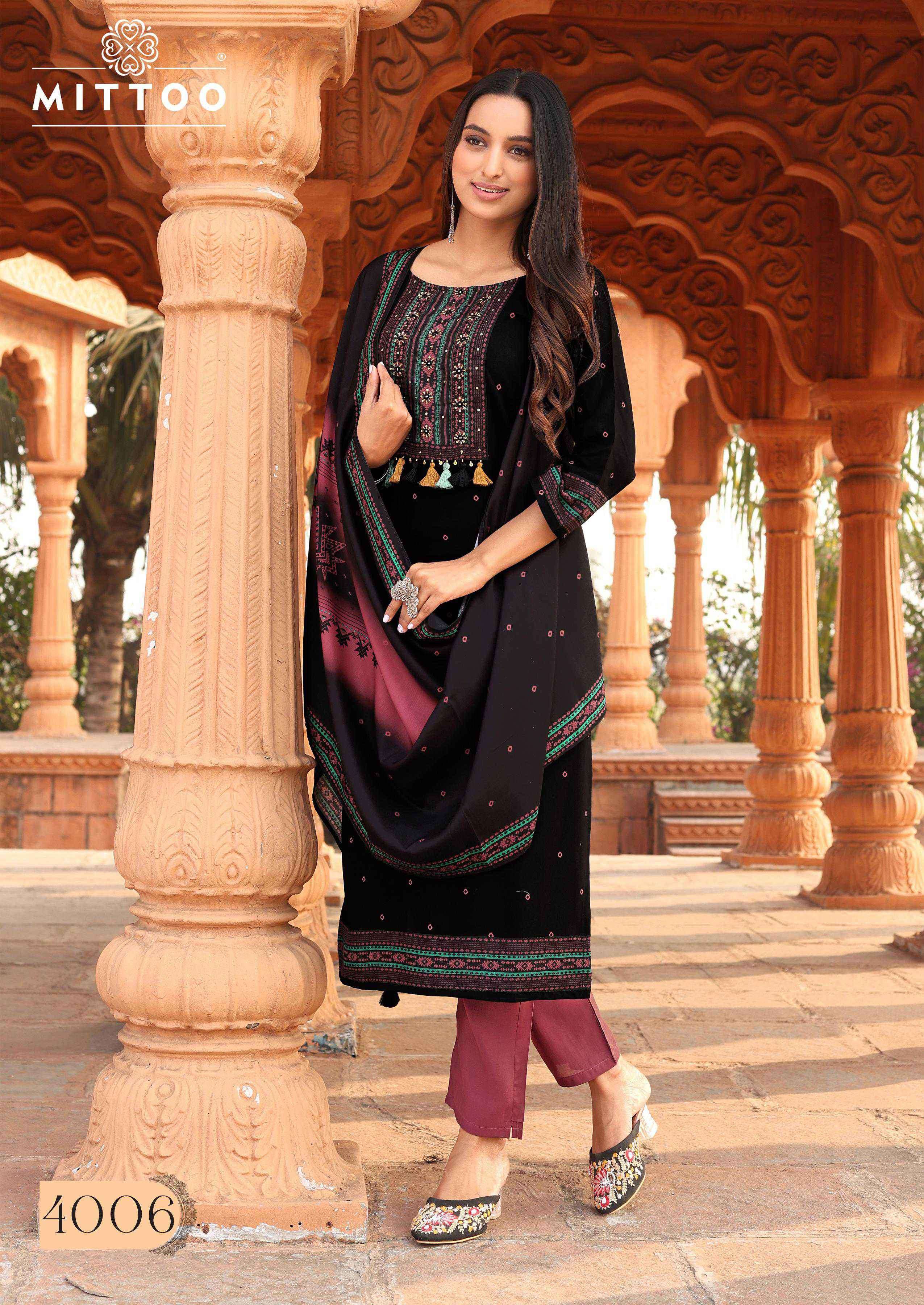 COLOR DROP SERIES 4001 TO 4006 BY MITTO DESIGNER PRINTED AND EMBROIDERY WORK RAYON TOP WITH BOTTOM AND DUPATTA ARE AVAILABLE AT WHOLESALE PRICE