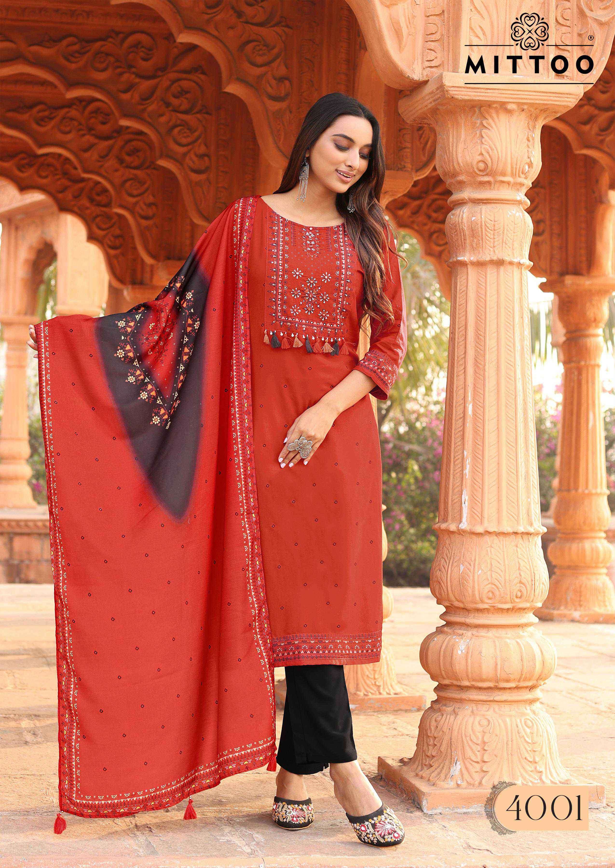 COLOR DROP SERIES 4001 TO 4006 BY MITTO DESIGNER PRINTED AND EMBROIDERY WORK RAYON TOP WITH BOTTOM AND DUPATTA ARE AVAILABLE AT WHOLESALE PRICE