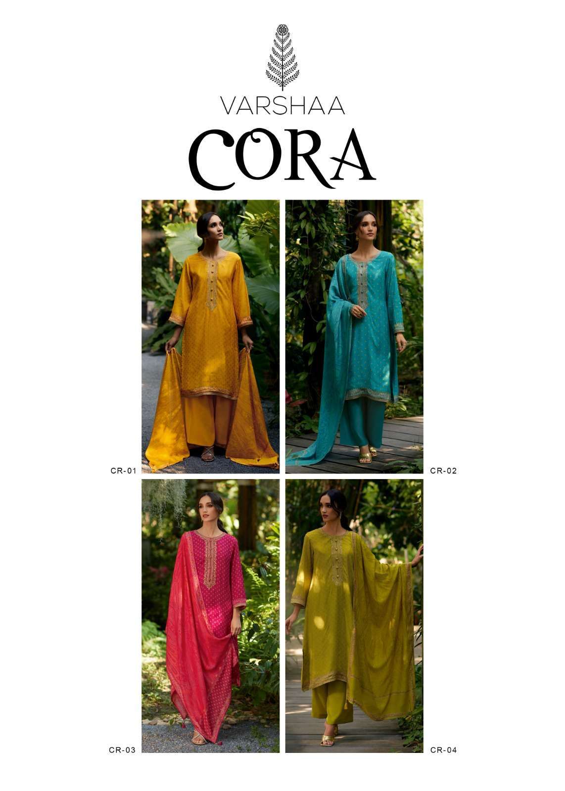 CORA SERIES 01 TO 04 BY VARSHA DESIGNER PRINTED AND EMBROIDERY WORK VISCOSE MUSLIN SUITS ARE AVAILABLE AT WHOLESALE PRICE