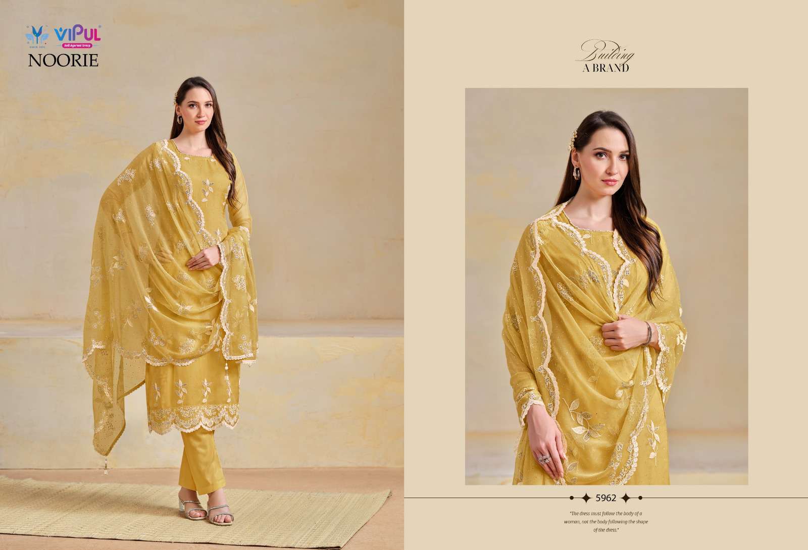 NOORIE SERIES 5961 TO 5966 BY VIPUL DESIGNER EMBROIDERY WORK ORGANZA CHIFFONE SUITS ARE AVAILABLE AT WHOLESALE PRICE