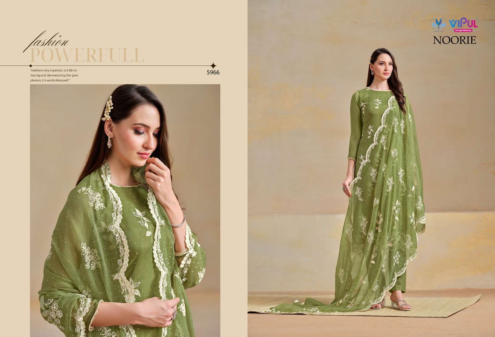 NOORIE SERIES 5961 TO 5966 BY VIPUL DESIGNER EMBROIDERY WORK ORGANZA CHIFFONE SUITS ARE AVAILABLE AT WHOLESALE PRICE